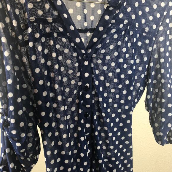Eden & Olivia Sheer 3/4 Sleeve Dotted Polka Dot Blue & White Button Up Blouse - Picture 9 of 11